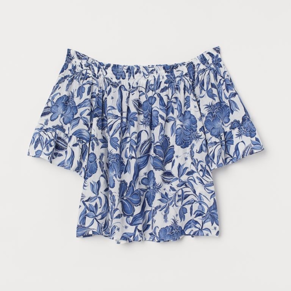 💙Vacation Vibes Crisp White Blue Floral Off Shoulder Blouse Shirt H&M Size 14